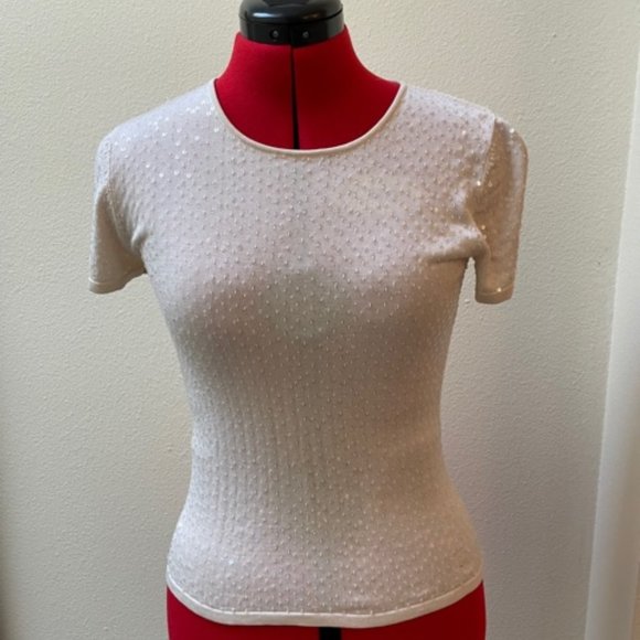 Oscar De La Renta Silk Knitted Beaded Sequin Short Sleeve Top,  Size Petite - Picture 3 of 16